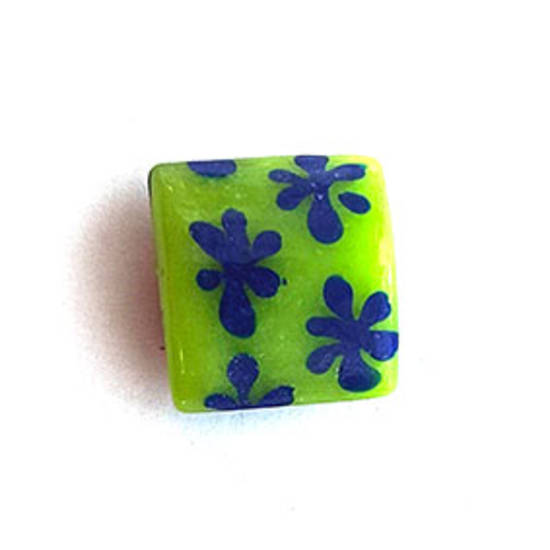 Indian Lampwork Square Cushion (16mm): Green with blue flowers