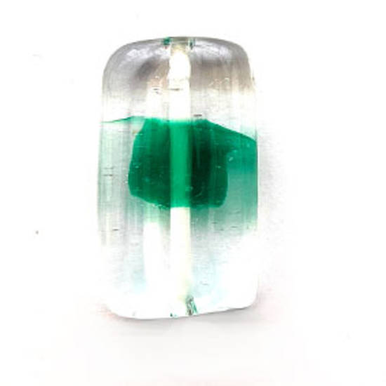 Czech Lampwork Rectangle (14mm x 25mm): Transparent with green splotch