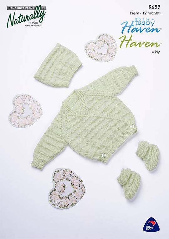 K659 Crossover Cardigan, Matching Hat and Booties