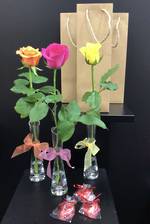 Coloured Rose in Vase with Chocolate Heart