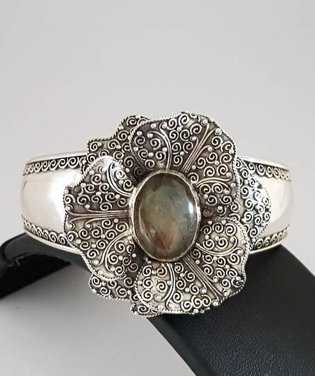 Silver cuff bangle, with large filigree flower and labradorite gemstone