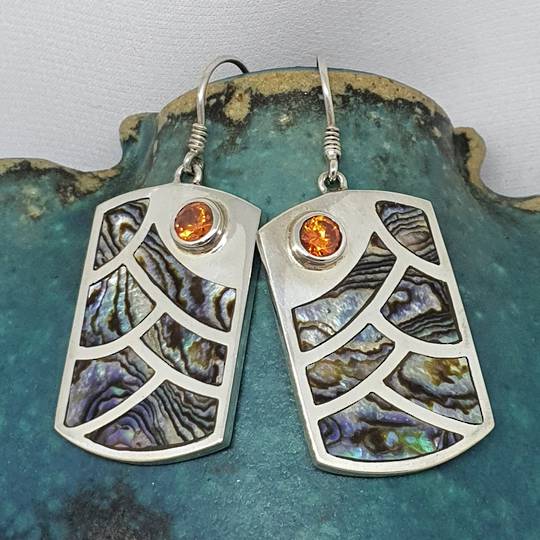 Large rectangle paua shell earrings with gemstone