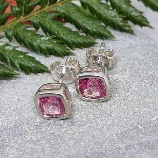 Square pink sterling silver stud earrings