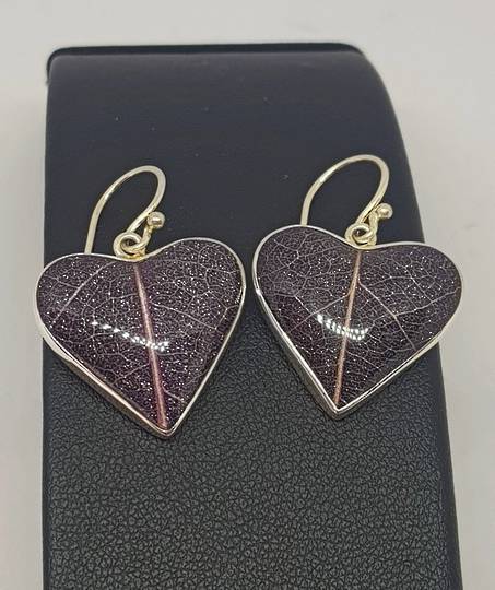 Purple skeleton leaf silver earrings - heart shaped