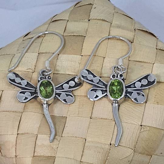Silver peridot dragonfly earrings