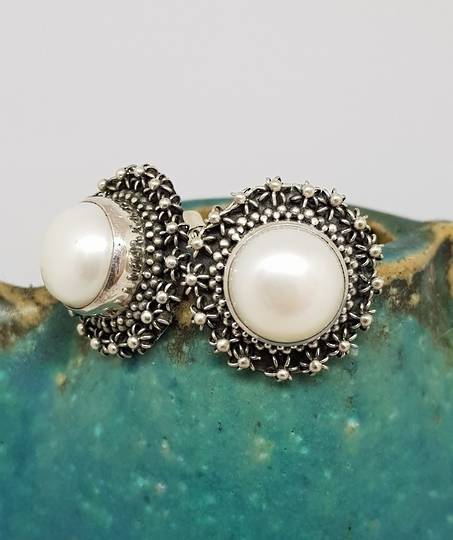 Large white pearl stud earrings with filigree silver frames