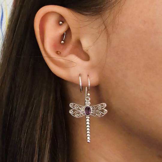 Silver amethyst dragonfly earrings
