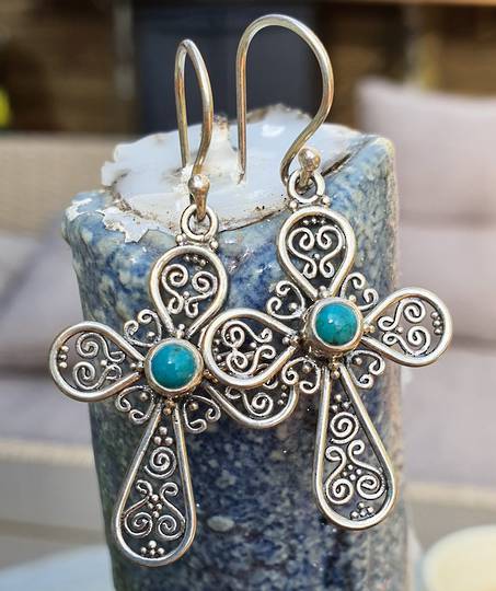 Sterling silver filigree turquoise cross earrings