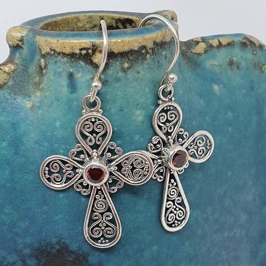 Silver filigree cross earrings with garnet