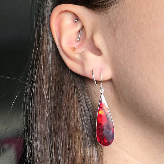 Elongated oval red earrings, sterling silver gorgeous shine