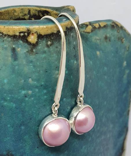 Sterling silver elegant long pink pearl hook earrings