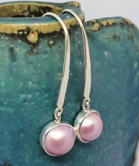 Sterling silver elegant long pink pearl hook earrings