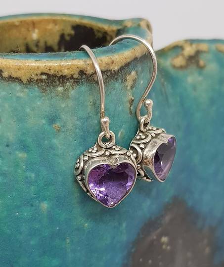 Silver amethyst heart earrings