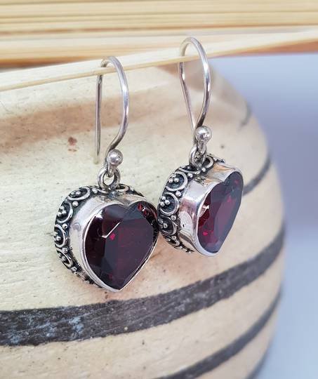 Sterling silver heart shape garnet earrings