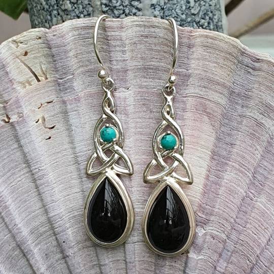 Infinity knot silver earrings with Onyx and Turquoise