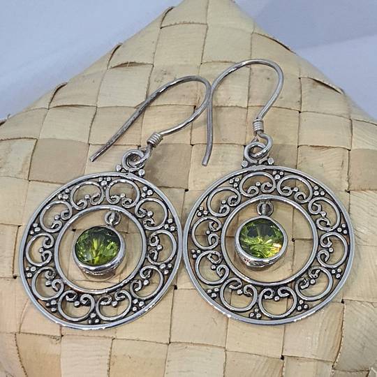 Silver lace hoop earrings with green peridot