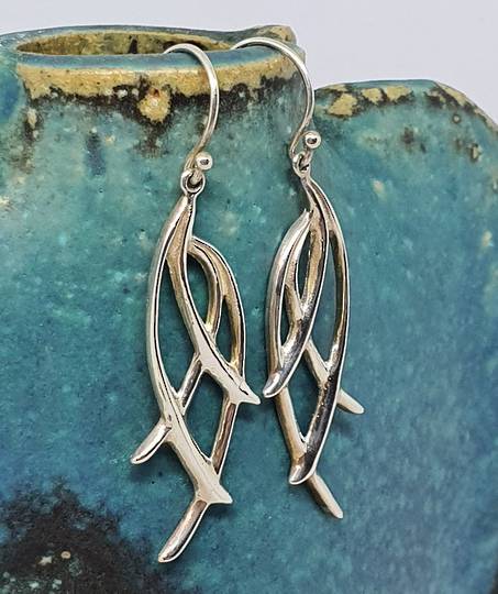 Long silver abstract branch earrings
