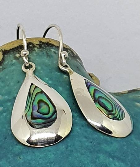 Sterling silver teardrop paua shell hook earrings