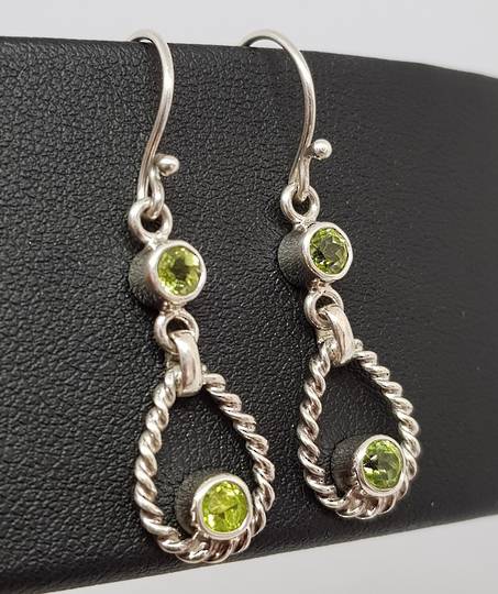 Silver peridot earrings, longer hook style