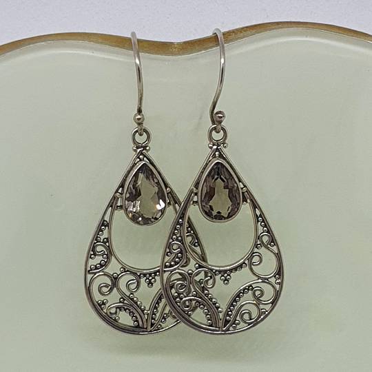 Romantic filigree silver smoky quartz earrings
