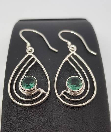 Green quartz open teardrop silver earrings