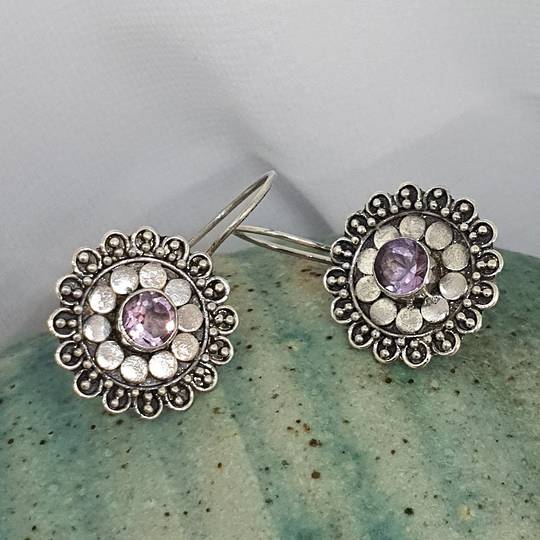 Silver purple gemstone flower earrings