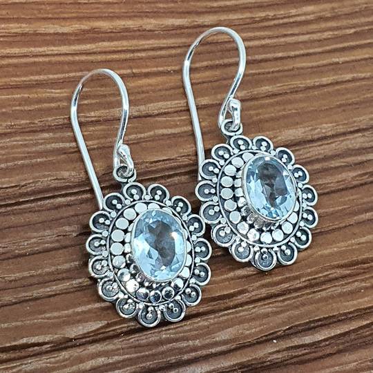 Silver blue topaz flower earrings