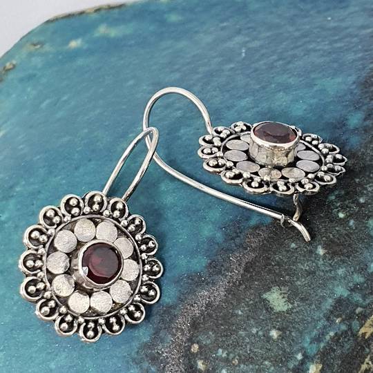 Silver red garnet flower earrings