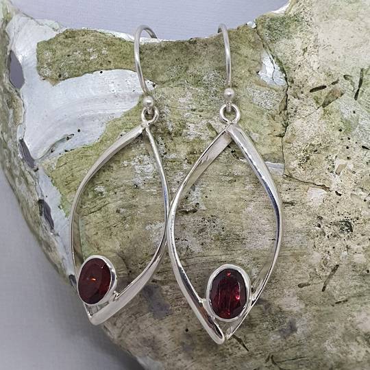 Sterling silver open teardrop earrings with garnet