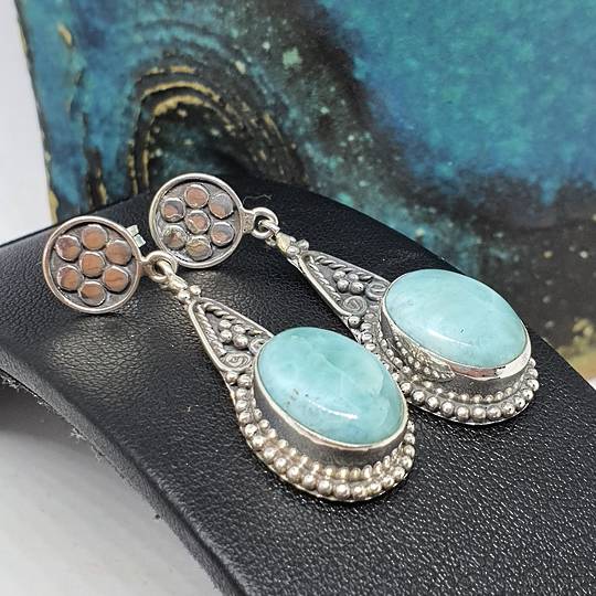 Oval larimar gemstone, long teardrop silver earrings