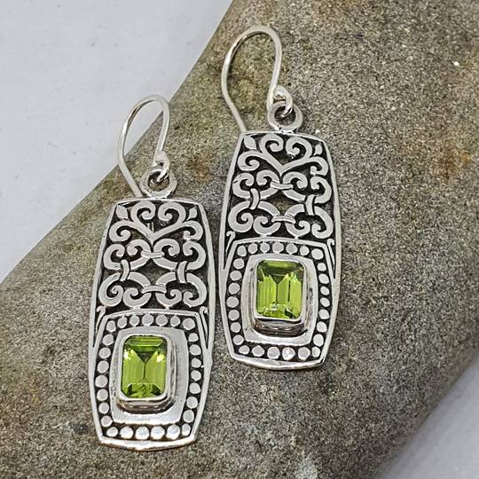 Silver peridot cz earrings in long rectangle filigree