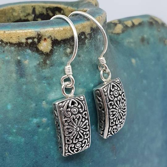 Sterling silver decorated rectangle earrings