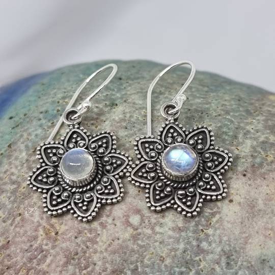 Silver flower moonstone earrings