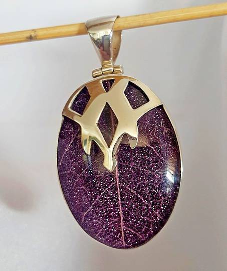 Purple skeleton leaf pendant - framed in solid sterling