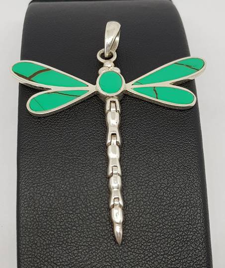 Turquoise coloured dragonfly pendant - sterling silver