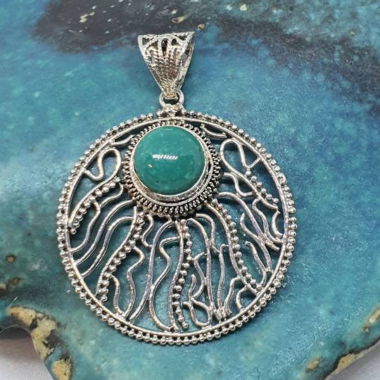 Sterling silver round filigree turquoise pendant