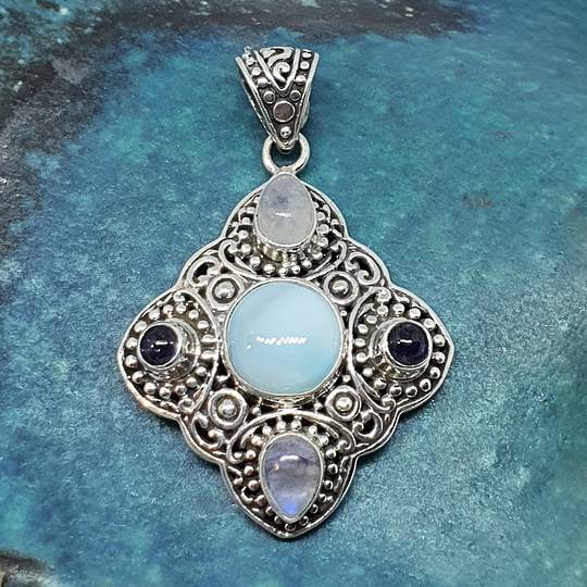 Sterling silver larimar and multi gemstone pendant
