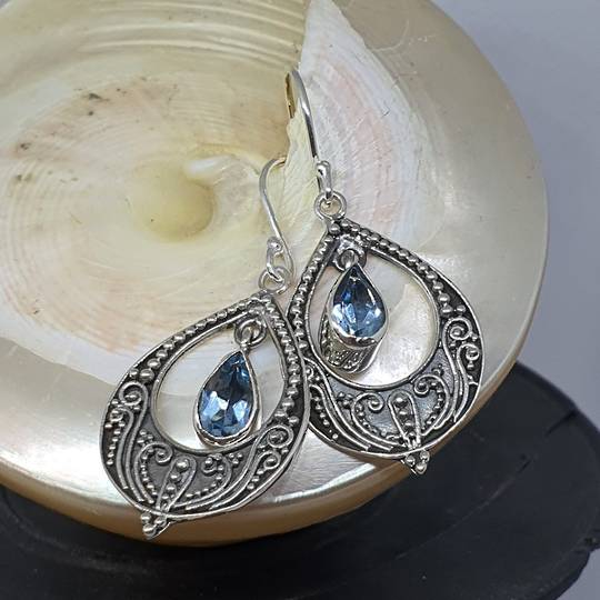 Delicate filigree silver blue topaz hook earrings