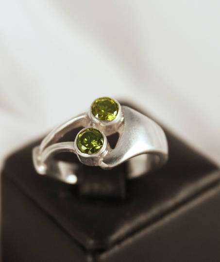 Silver synthetic peridot ring made in NZ