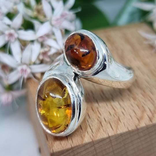 Sterling silver natural amber ring, made in NZ - size R