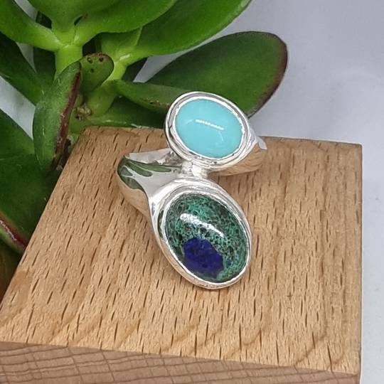 Turquoise and malachite azurite gemstone silver ring