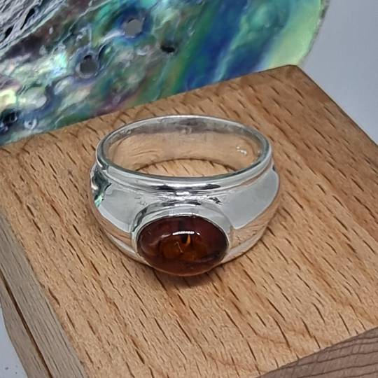 Sterling silver, wide band amber ring