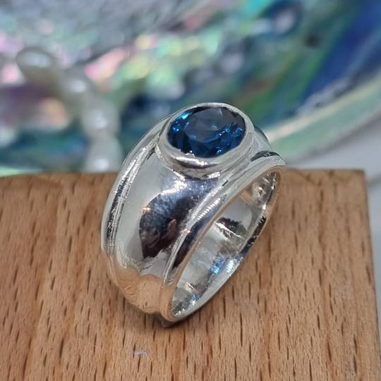 Sterling silver, wide band lab-created sapphire ring