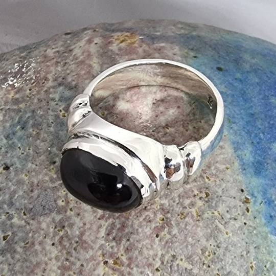 New Zealand made, black obsidian silver ring