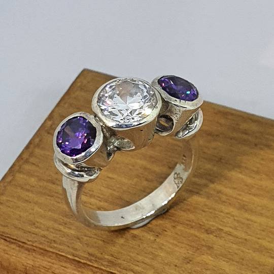 925 silver ring with clear and purple CZ's - Size N