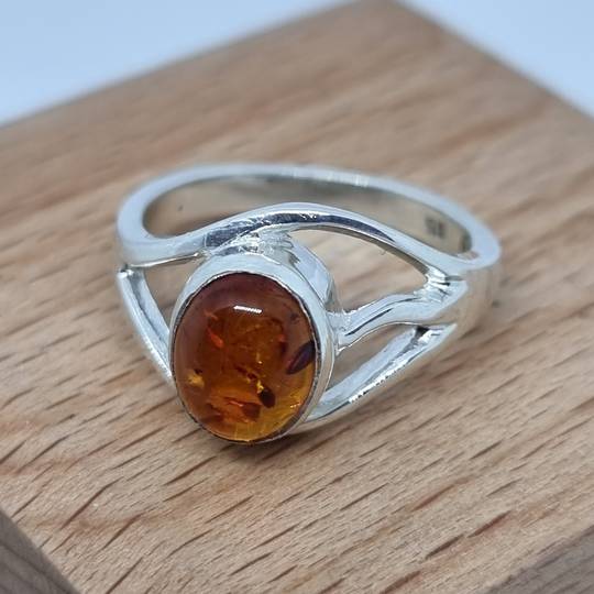 Open weave silver amber ring - made in NZ