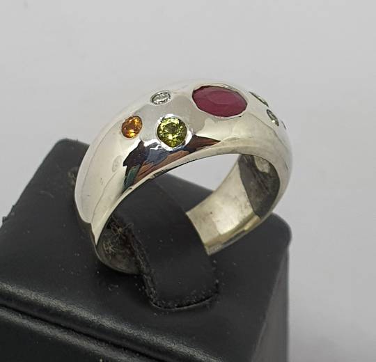 Silver dome ring with natural gemstones and diamonds
