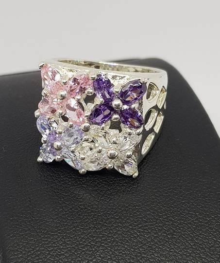 Flower dress ring with purple, pink and cz gems