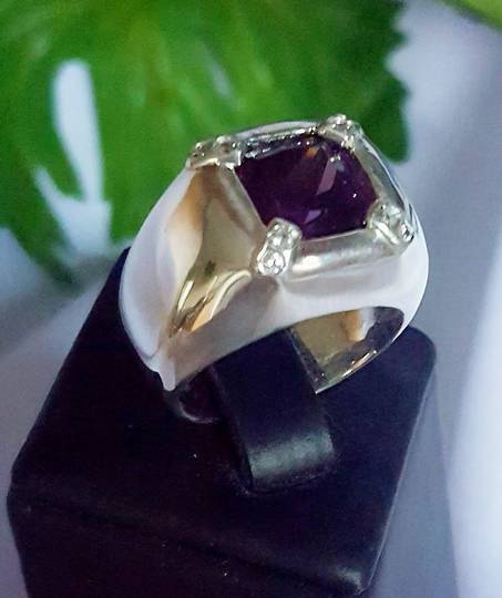 Large square purple stone ring, offset with cz - Size M