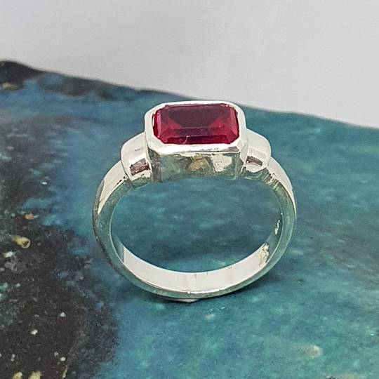 Silver ring with rectangle synthetic ruby gemstone - made in NZ